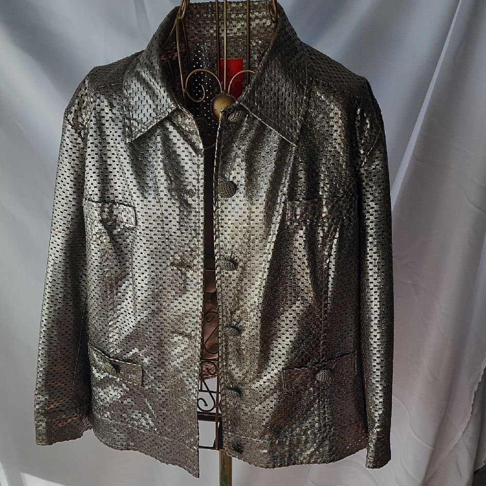 Metallic Silver Jacket Blazer With Jeweled Look Metal Buttons Size XL